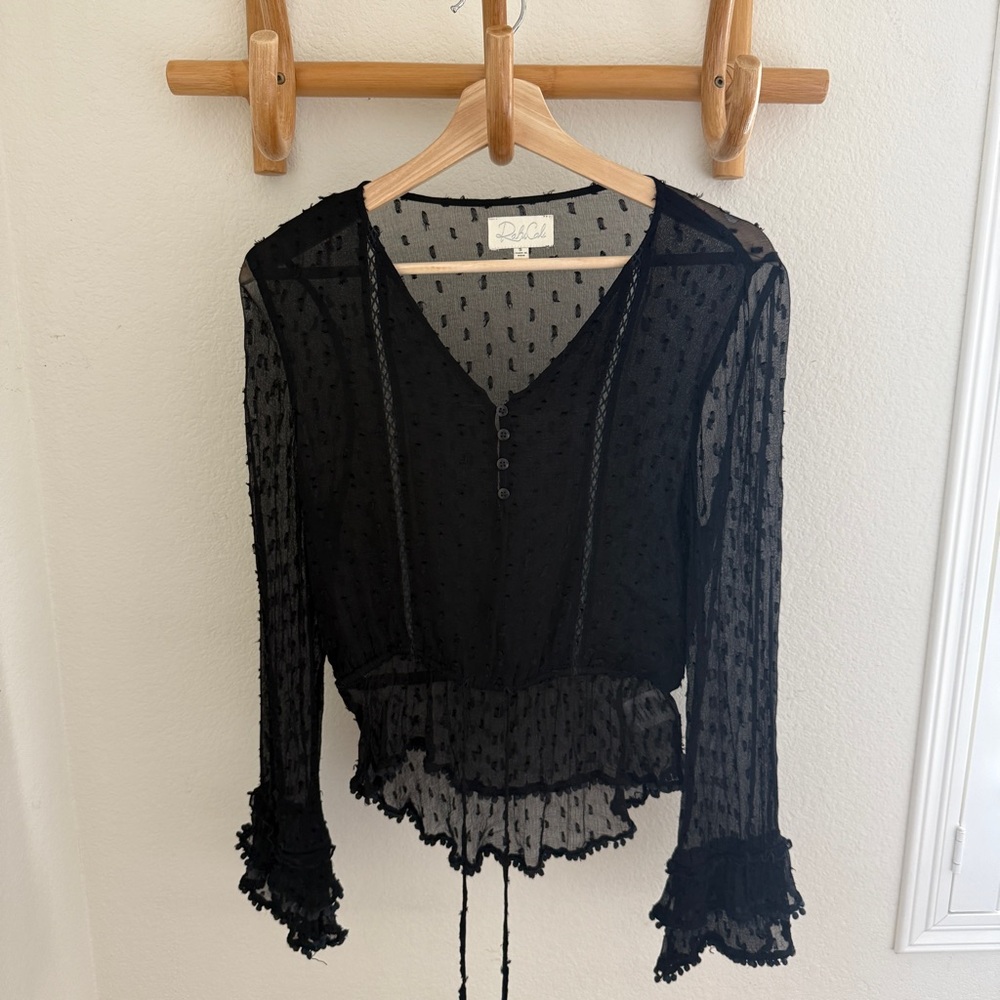 RAHI CALI Anthropologie Black lace blouse button up front tie fringe waist